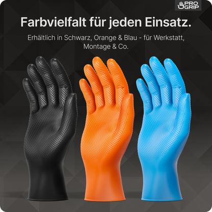 PROGRIP NITRIL DIAMOND ORANGE fra ARNOWA GmbH - rivefaste, rombeformede nitrilhandsker i orange - står oprejst foran mørk baggrund, med tysk tekst, der indikerer deres farve og værksted-/monteringsegnethed.