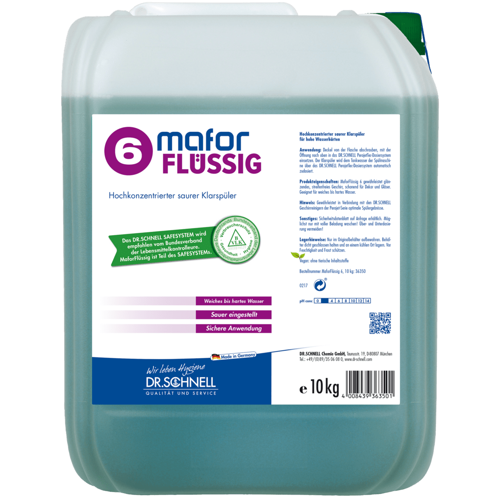 En 10-kg rektangulær beholder af Dr. Schnell MAFOR FLYDENDE 6 afspændingsmiddel til opvaskemaskiner fra DR.SCHNELL GmbH & Co. KGaA, med tyske produktinformationer og instruktioner på en hvid-grøn-lilla etiket.