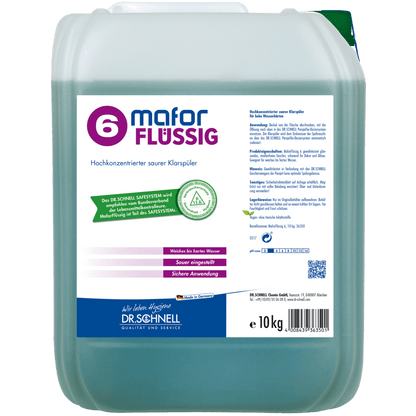 En 10-kg rektangulær beholder af Dr. Schnell MAFOR FLYDENDE 6 afspændingsmiddel til opvaskemaskiner fra DR.SCHNELL GmbH & Co. KGaA, med tyske produktinformationer og instruktioner på en hvid-grøn-lilla etiket.