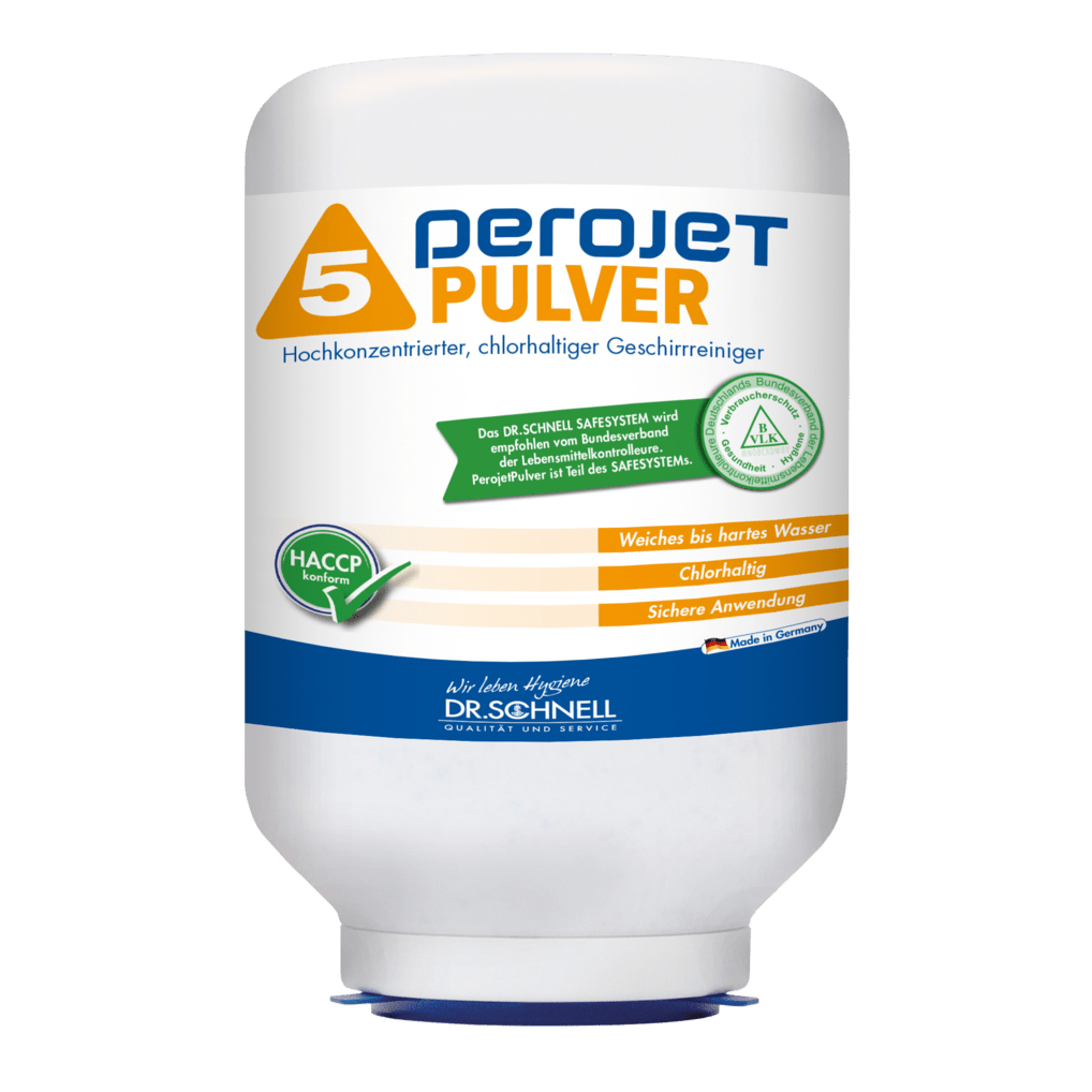 En hvid 3-kg-patron med påskriften "Dr. Schnell PEROJET PULVER 5" fra DR.SCHNELL GmbH & Co. KGaA, med orange og blå skrift og tyske brugsanvisninger; et højkoncentreret, klorholdigt opvaskemiddel til maskiner.