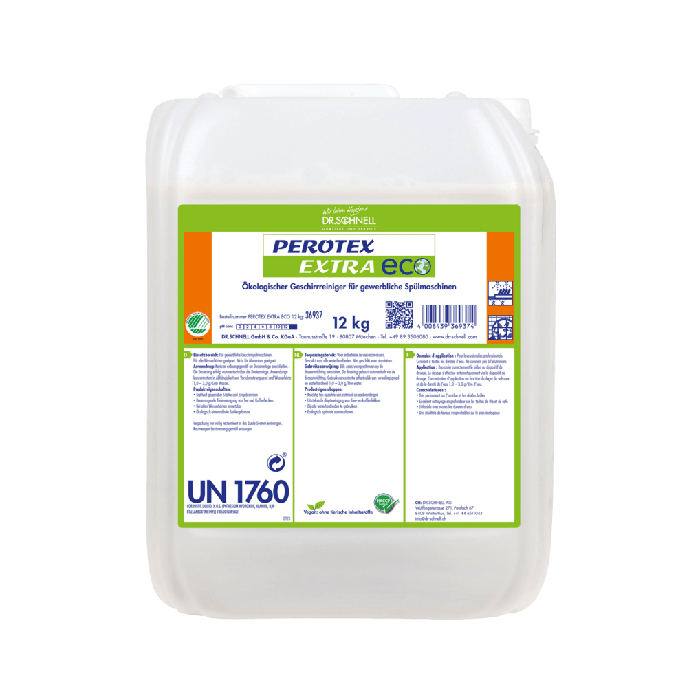 En 12 kg hvid plastbeholder fra Dr. Schnell PEROTEX EXTRA ECO opvaskemiddel til kommercielle opvaskemaskiner fra DR.SCHNELL GmbH & Co. KGaA, med grøn-orange etiket, produktinformationer og sikkerhedssymboler.