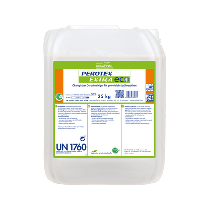 En 25 kg gennemsigtig plastbeholder med grøn-hvidt DR.SCHNELL GmbH & Co. KGaA-etiket til Dr. Schnell PEROTEX EXTRA ECO opvaskemiddel til kommercielle opvaskemaskiner, med produktinformation, vejledning og sikkerhedssymboler.