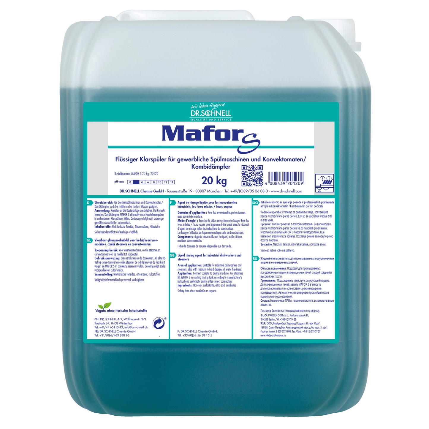 Ein 20 kg Kunststoffbehälter Dr. Schnell MAFOR EVO S Klarspüler für Geschirrspülmaschinen der DR.SCHNELL GmbH & Co. KGaA, zur streifenfreien Trocknung und Kalkvermeidung; Etikett mit Infos, Hinweisen, Warnungen in deutscher Sprache.