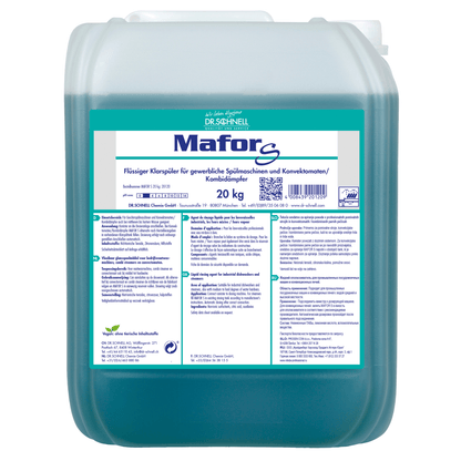 Ein 20 kg Kunststoffbehälter Dr. Schnell MAFOR EVO S Klarspüler für Geschirrspülmaschinen der DR.SCHNELL GmbH & Co. KGaA, zur streifenfreien Trocknung und Kalkvermeidung; Etikett mit Infos, Hinweisen, Warnungen in deutscher Sprache.