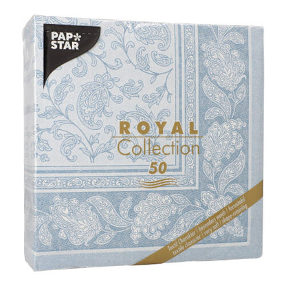 Eine quadratische Packung PAPSTAR GmbH 50 Servietten "ROYAL Collection" 1/4-Falz 40 x 40 cm blau, mit hellblau-weißem Paisleymuster, goldener Schrift und einem Etikett für luxuriöse Papierservietten.