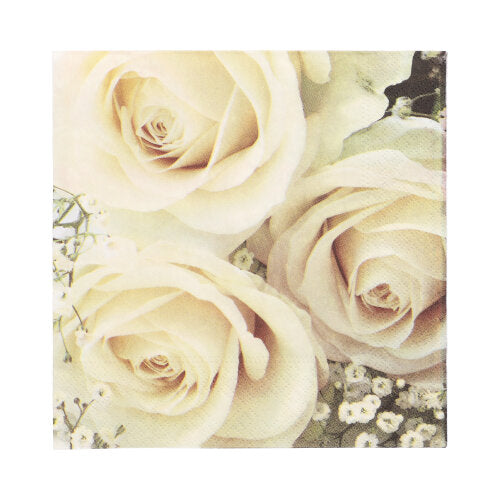 Eine Nahaufnahme von drei cremefarbenen Rosen mit Schleierkraut auf zartem Hintergrund, die perfekt zu den 20 Servietten (33 cm x 33 cm, 3-lagig, 1/4-Falz Design Set 2) der PAPSTAR GmbH für jede Feier passen.