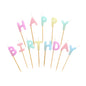 Das PAPSTAR Buchstabenkerzen-Set zeigt pastellfarbene Buchstabenkerzen mit dem Schriftzug "Happy Birthday" (8 cm), jeweils auf einem Holzstab. Erhältlich in den Farben rosa, gelb, blau, lila und grün. Verkauft in einem Karton mit 12 Packungen von PAPSTAR GmbH.