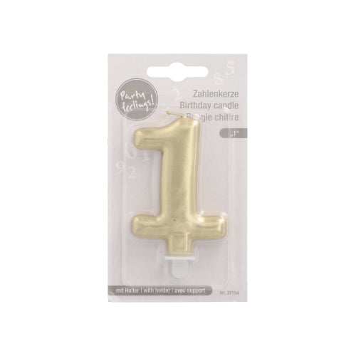 Die PAPSTAR GmbH Zahlenkerze mit Halter 7 cm "gold" ist eine goldfarbene Zahlenkerze mit Halter, ideal als Kuchendekoration für Ihre Feier, und wird in klarem Kunststoff mit Kartonrückwand verpackt.