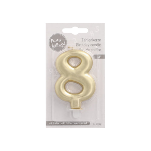 Die PAPSTAR GmbH Zahlenkerze mit Halter 7 cm "gold" kommt in einer Kunststoffverpackung mit mehrsprachigem Etikett und Aufhängelasche - ideal als stilvolle Tortenkerze für jede Feier.