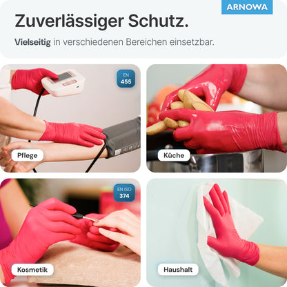 Vier Bilder zeigen Hände in ARNOMED NITRIL LAVA RED Einmalhandschuhen aus Nitril Rot von ARNOWA GmbH, die zum Messen des Blutdrucks, zum Waschen von Kartoffeln, zur Maniküre und zum Reinigen von Gläsern verwendet werden - vielseitige rote Einmalhandschuhe aus Nitril.
