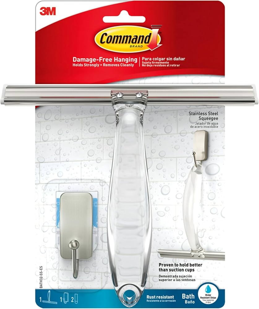 Command™ Bade- og bruseskraber, rustfrit stål og satin nikkel BATH32, 1 gummiskraber + 1HK + 2 S-strimler | Pakke (1 sæt)