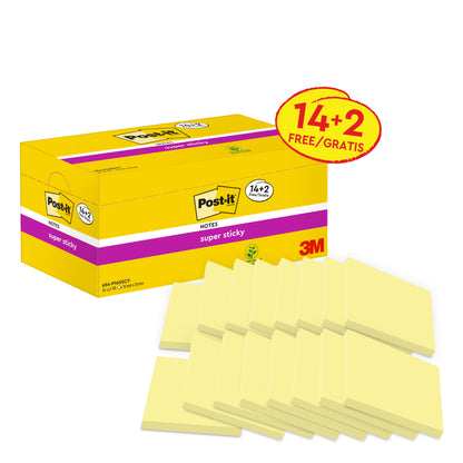 Eine gelbe Schachtel Post-it® Super Sticky Notes, Gelb, 76 x 76 mm (14 Blöcke + 2 Gratis/Packung, 90 Blatt/Block, 100% PEFC), von 3M Deutschland GmbH, mit sechzehn Haftnotizen gelb vorne angeordnet.