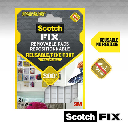 Afbildet er en pakke Scotch-FIX™ Aftagelige Klæbepuder 301008C36-P fra 3M Deutschland GmbH (11 mm x 15 mm, 36 stykker). Emballagen indeholder noten "Genanvendelig, efterlader ingen rester" og viser hvide klæbepuder, der er ideelle til fastgørelse af genstande uden at beskadige væggen.