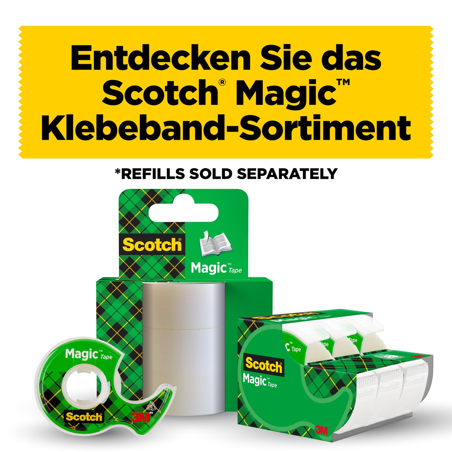 Oplev Scotch® Magic™ Usynligt tape 8-1915R3/2 fra 3M Deutschland GmbH: kampagnepakke med 2 ruller + 1 GRATIS-rulle (19 mm x 15 m) - ideel til kontor og hobbyprojekter. *Genopfyldninger sælges separat.