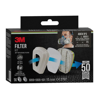 3M™ Filtersæt 6004-1SP ABEK1P3 kombinationsfilter (2x6059, 2x5935, 2x501), fra 3M Deutschland GmbH, er pakket i en boks med billeder af filterdele, en bruger med åndedrætsværn, udskiftelig filtertekst, maskekompatibilitet og ekspertise.