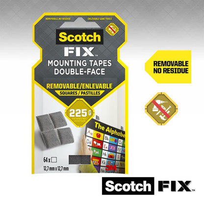Scotch-FIX™ Aftagelige Monteringsfirkanter 108-ST64-P fra 3M Deutschland GmbH: 64 stk. (12,7 mm x 12,7 mm), holder op til 225 g, ideel til midlertidig fastgørelse og fjernelse uden rester.