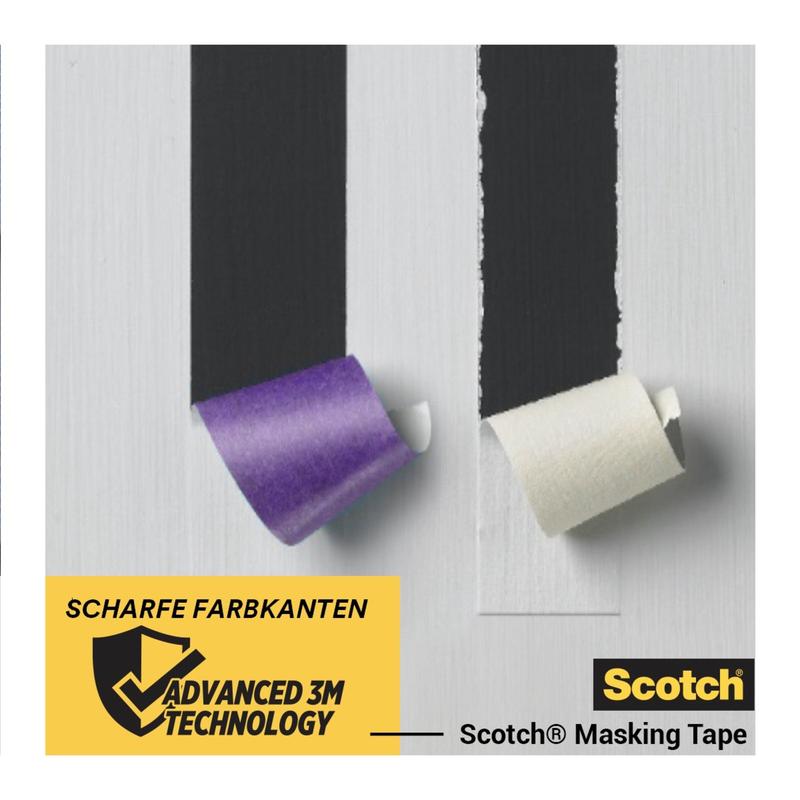 To strimler tape - lilla og hvid - fjernes fra en lakeret overflade, hvorved skarpe lakkanter kommer til syne. Scenen viser Scotch® malertape til sarte overflader fra 3M Deutschland GmbH, med en etiket, hvorpå der står: "Skarpe farvekanter, avanceret 3M teknologi.