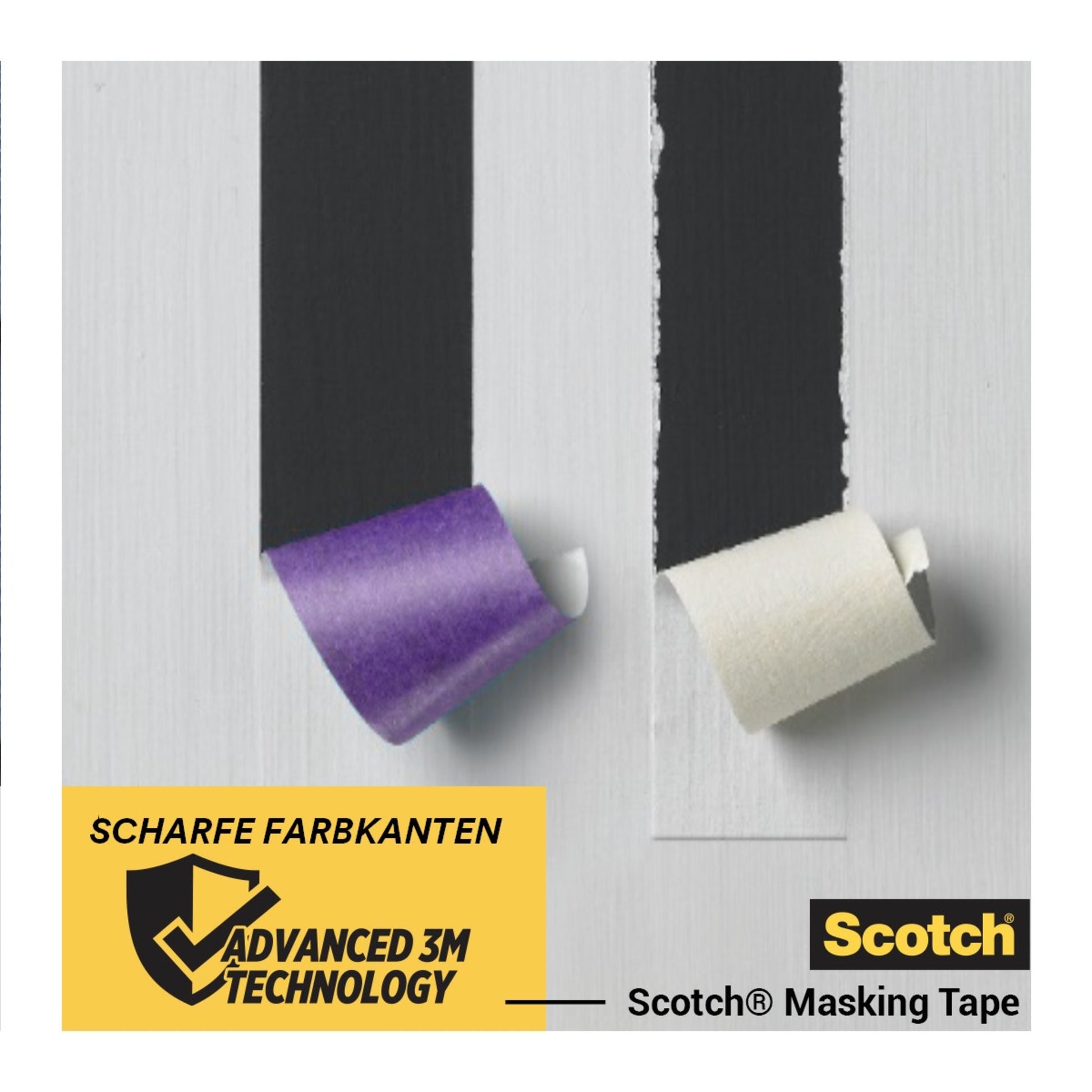 Zwei Streifen Klebeband - lila und weiß - werden von einer lackierten Oberfläche abgezogen, wobei scharfe Lackkanten zum Vorschein kommen. Die Szene zeigt Scotch® Malerabdeckband für empfindliche Oberflächen von 3M Deutschland GmbH, mit einem Etikett, auf dem steht: "Scharfe Farbkanten, fortschrittliche 3M Technologie.