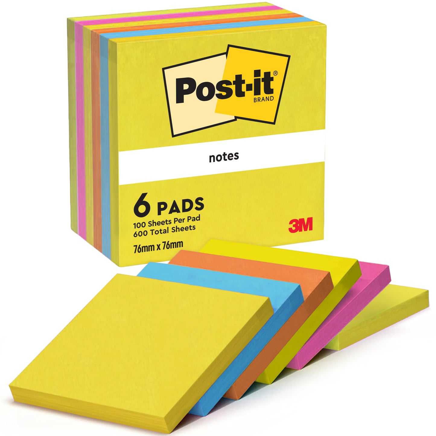 Ein Sechserpack Post-it® Notes 76x76 mm aus der Energetic Collection der 3M Deutschland GmbH mit je 100 PEFC-zertifizierten Blättern (insgesamt 600), farblich sortiert.
