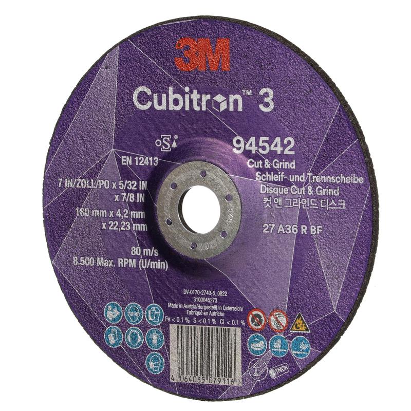 3M™ Cubitron™ 3 Cut and Grind slibeskive, 94542, 36+, T27, 180 mm x 4,2 mm x 22,23 mm, EN, 10/pak, 20 stk/PU | Pakke (10 stk.)
