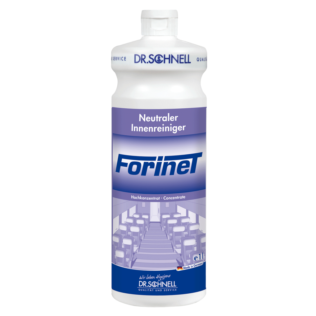 Eine weiße Flasche Dr. Schnell FORINET Fahrzeuginnenreiniger der DR.SCHNELL GmbH & Co. KGaA, mit blau-weißem Etikett, das einen Innenraum zeigt, ideal für die Reinigung von Autoinnenräumen und die Entfernung von hartnäckigem Schmutz.