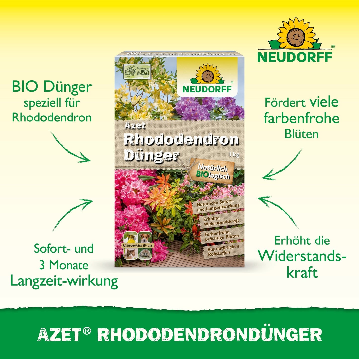Afbildet er en kasse Azet RhododendronGødning fra Neudorff Shop med lysende rhododendron og azalea på emballagen og den organiske fuldgødningsformel for en sund blomstring med øjeblikkelig og langvarig virkning.