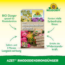 Afbildet er en kasse Azet RhododendronGødning fra Neudorff Shop med lysende rhododendron og azalea på emballagen og den organiske fuldgødningsformel for en sund blomstring med øjeblikkelig og langvarig virkning.