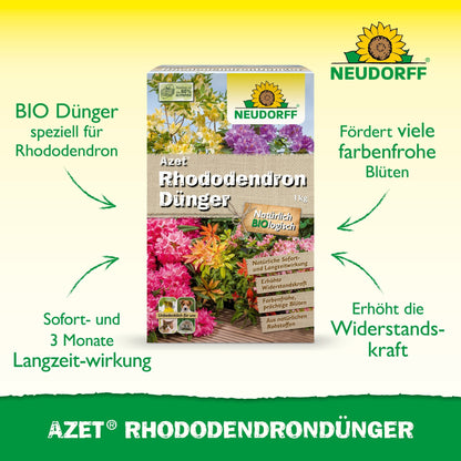 Afbildet er en kasse Azet RhododendronGødning fra Neudorff Shop med lysende rhododendron og azalea på emballagen og den organiske fuldgødningsformel for en sund blomstring med øjeblikkelig og langvarig virkning.