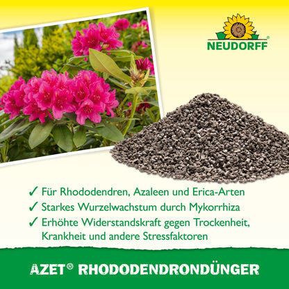 En stak Azet RhododendronGødning fra Neudorff Shop ligger ved siden af en blomstrende lyserød rhododendron. Teksten nedenunder beskriver fordelene ved rhododendron, azalea og erica. Øverst ses Neudorff-logoet.