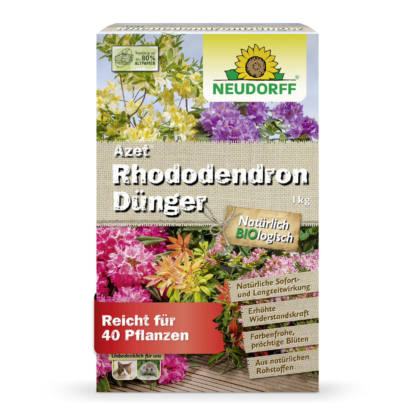 En 1 kg tung, rektangulær kasse Azet RhododendronGødning fra Neudorff Shop er forsynet med blomstrende blomster, tyske produktinformationer og et grøn-gult Neudorff-logo og er dermed ideel til rhododendron og azalea.