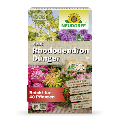 En 1 kg tung, rektangulær kasse Azet RhododendronGødning fra Neudorff Shop er forsynet med blomstrende blomster, tyske produktinformationer og et grøn-gult Neudorff-logo og er dermed ideel til rhododendron og azalea.