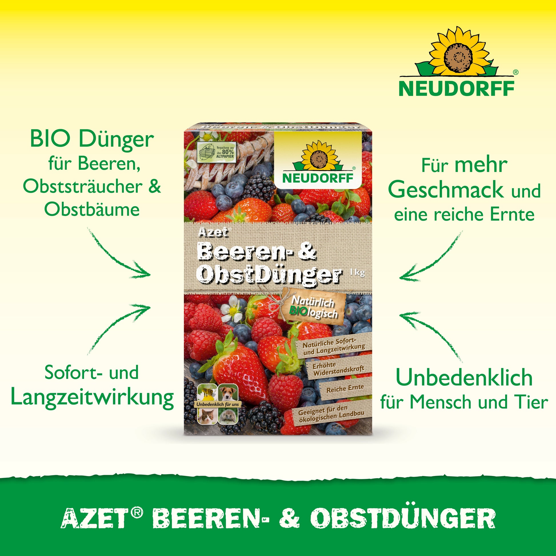 Abgebildet ist eine Schachtel Neudorff Shop Azet Beeren- & ObstDünger für Erdbeeren und Beerensträucher mit einem Text, der die lang anhaltende Wirkung, den verbesserten Fruchtgeschmack und die Sicherheit für Mensch und Tier hervorhebt.