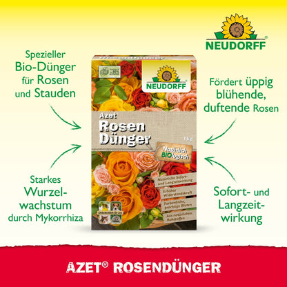 En kasse Neudorff Shop Azet RosenGødning er afbildet med blomstrende roser bagved. Teksten fremhæver den bio-bio-formel for rødder og blomster samt den øjeblikkelige og langsigtede effekt.