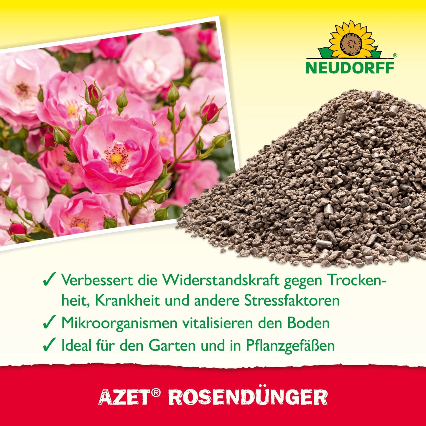 Et produktbillede for Azet RosenGødning fra Neudorff Shop viser bio-granulat rosegødning, blomstrende roser og tyske produktfordele som stærkere stressresistens og sundere jord.