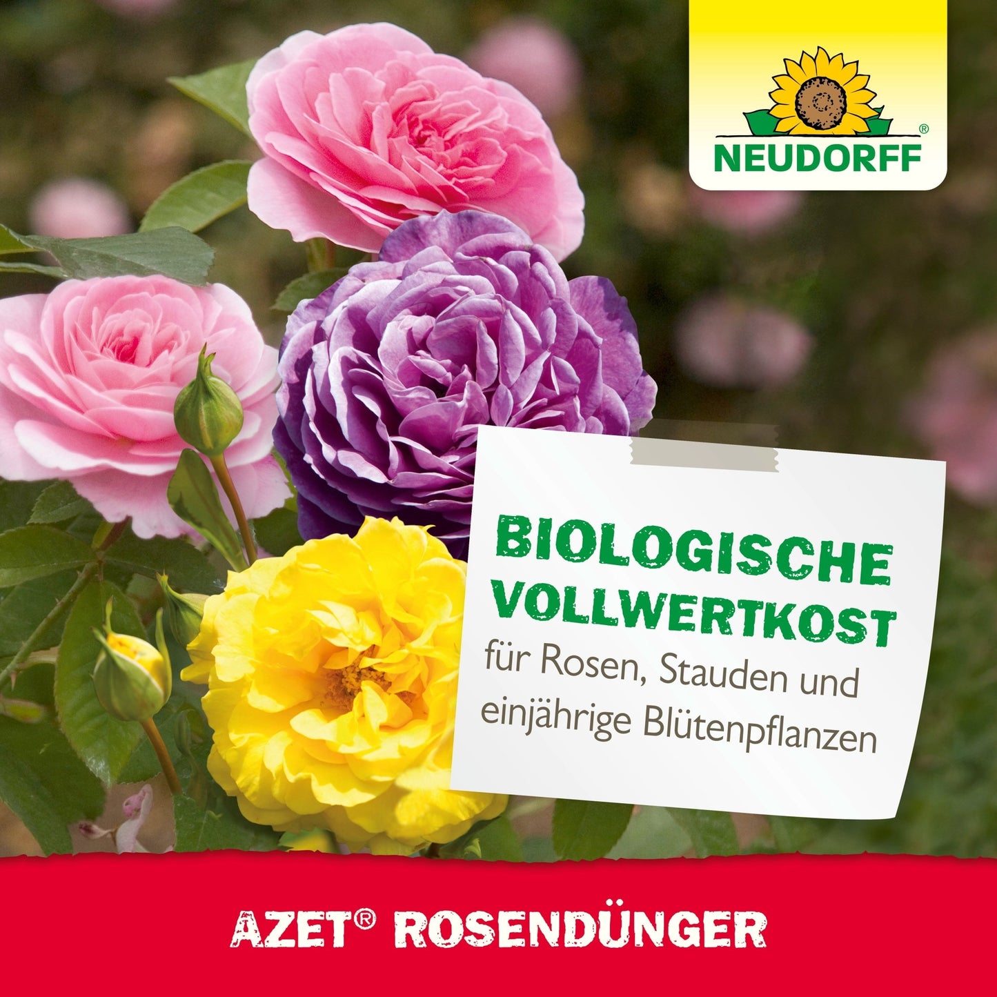 Etiketten på Neudorff Shop Azet RosenGødning viser rosa, lilla og gule blomstrende roser og fremhæver fordelene ved den organiske gødning til roser, stauder og etårige blomstrende planter.
