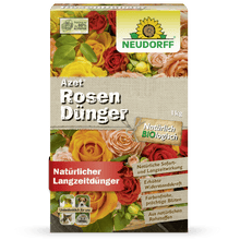 Forsiden af en 1 kg-pakke Neudorff Shop Azet RosenGødning, en organisk rosegødning. Emballagen viser blomstrende roser og reklamerer med fordele som øget modstandsdygtighed og strålende blomster.