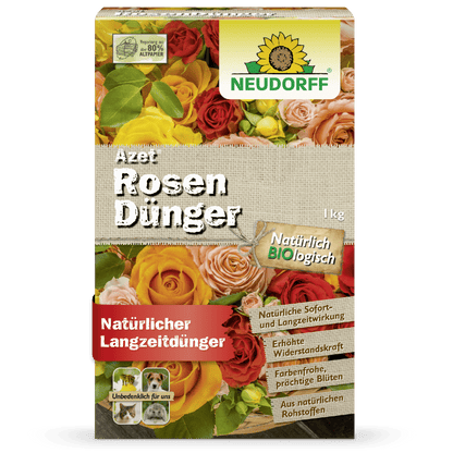 Forsiden af en 1 kg-pakke Neudorff Shop Azet RosenGødning, en organisk rosegødning. Emballagen viser blomstrende roser og reklamerer med fordele som øget modstandsdygtighed og strålende blomster.