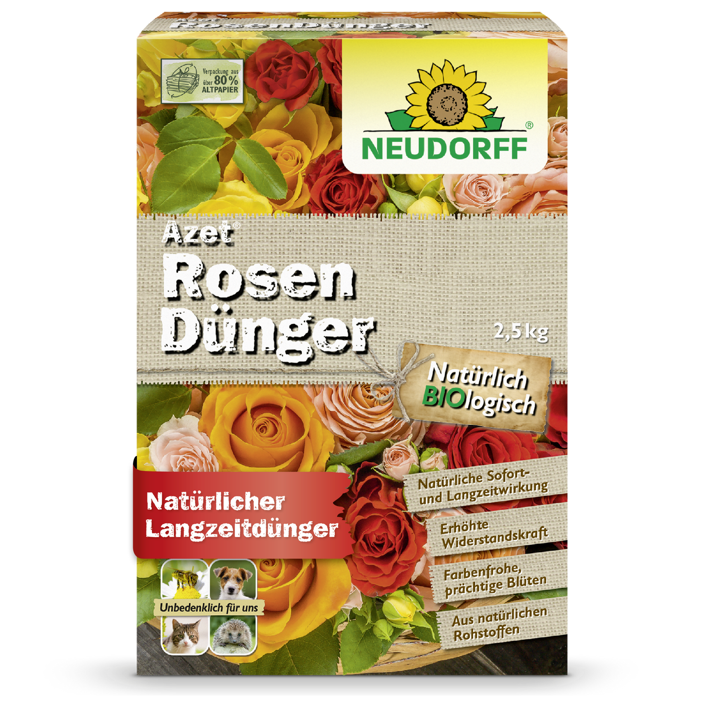 En 2,5 kg kasse Azet RosenGødning fra Neudorff Shop, med billeder af blomstrende roser og en tekst, der beskriver den som en naturlig, organisk langtids-rosegødning til prægtige roser.