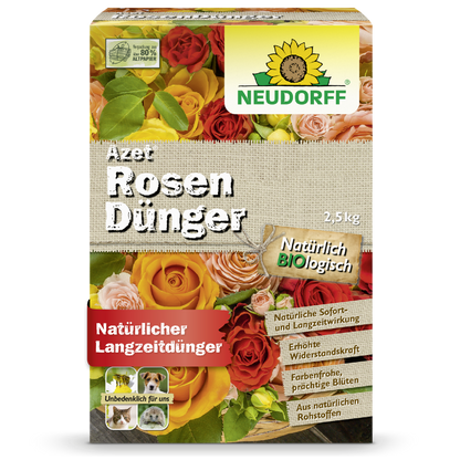 En 2,5 kg kasse Azet RosenGødning fra Neudorff Shop, med billeder af blomstrende roser og en tekst, der beskriver den som en naturlig, organisk langtids-rosegødning til prægtige roser.
