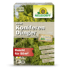 Æske Neudorff Shop Azet KoniferenGødning, 2,5 kg. Organisk gødning styrker stedsegrønne nåle, fremmer tæt beskyttelse og er nok til op til 50 m². Emballagen viser grønne nåletræsgrene.