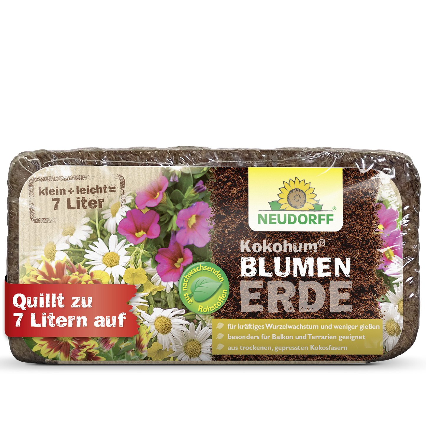 Gezeigt wird eine Packung Neudorff Shop Kokohum BlumenErde, die sich auf 7 Liter ausdehnt und ideal für Blumen ist. Die deutsche Verpackung zeigt farbenfrohe Blüten, Produktdetails und hebt den natürlichen Kokosfaserngehalt hervor.