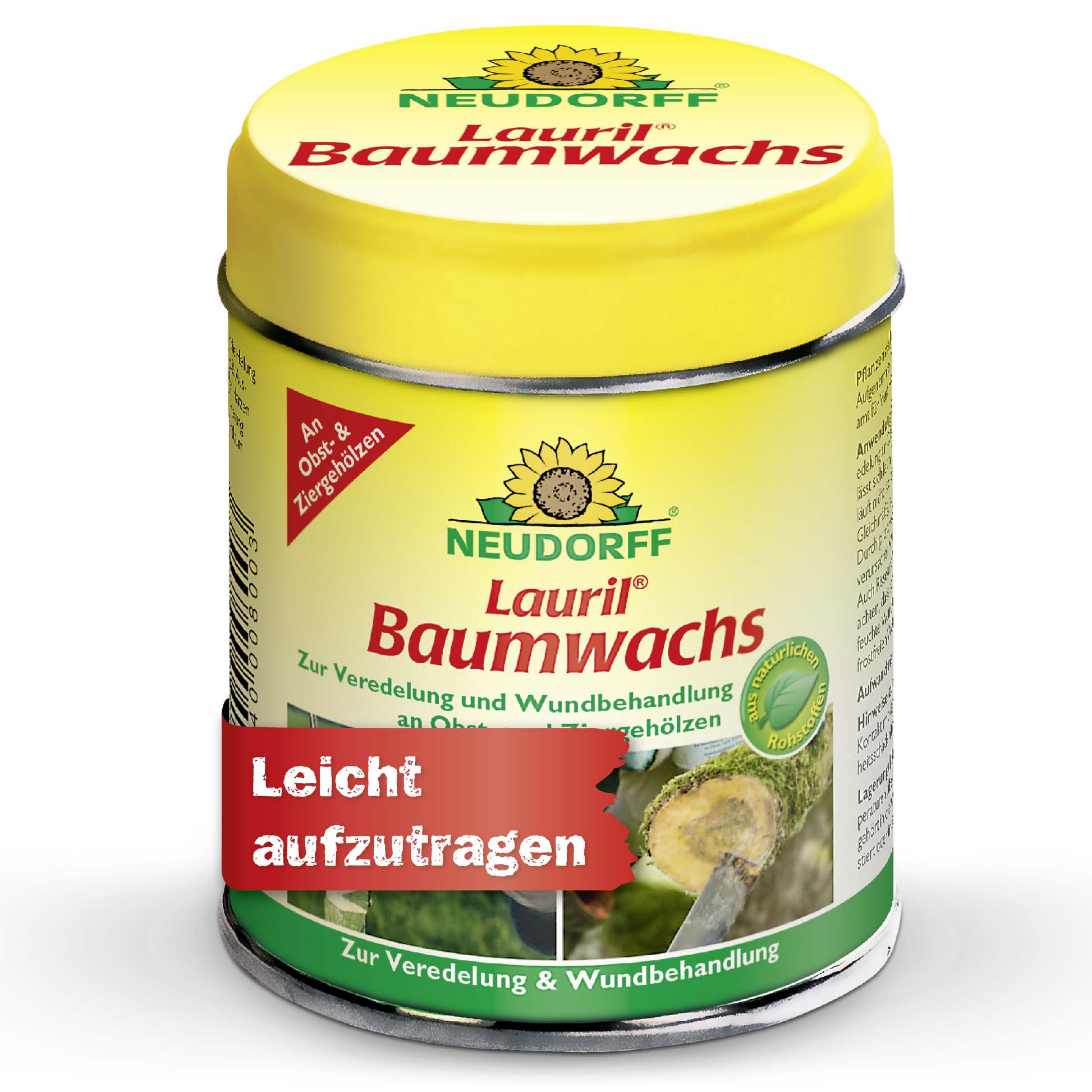 Eine gelbe Dose Lauril Baumwachs von Neudorff Shop für die Baumpflege und Wundbehandlung von Obst- und Zierbäumen, mit einem roten Etikett mit der Aufschrift "Leicht aufzutragen".