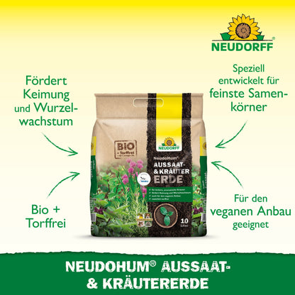 En pose Neudorff Shop NeudoHum Så- & Krydderurtejord står oprejst foran en hvid baggrund med grønne og gule accenter, hvorpå der står en tysk tekst om den veganske egnethed og den ideelle anvendelse til formering af blomster og grøntsager.
