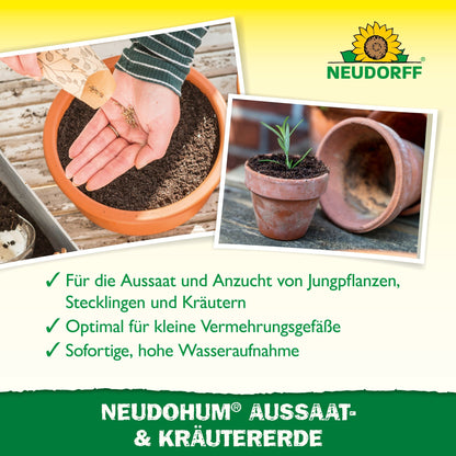 En hånd fylder med en træske en lille terrakottakrukke med NeudoHum Så- & Krydderurtejord fra Neudorff Shop. Nederst sidder en spirende plante i en anden krukke, mens en tysk tekst beskriver, hvordan denne jord hjælper med at formere blomster og grøntsager.