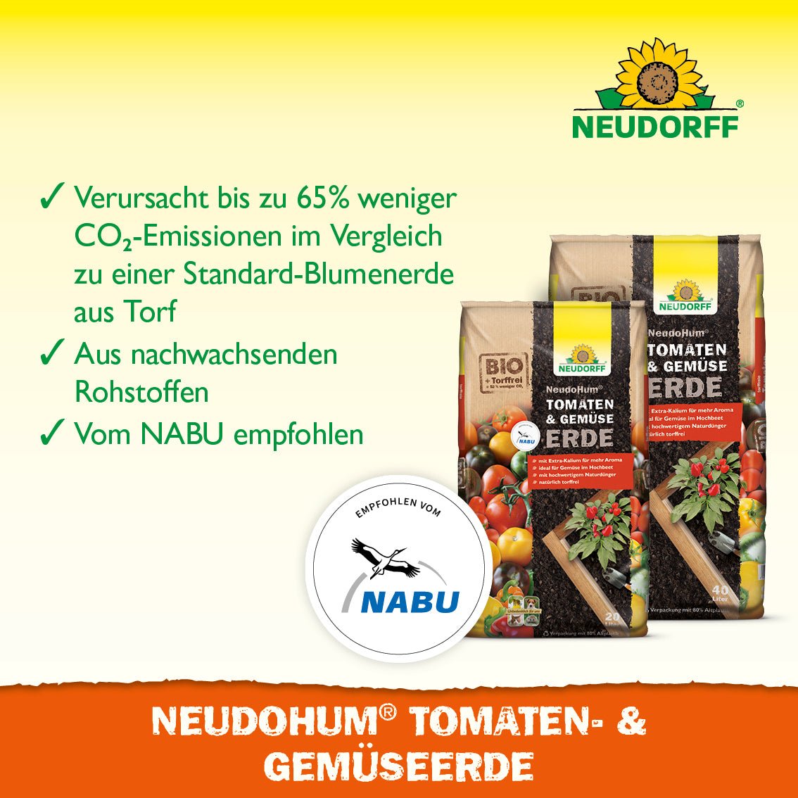 En nærbillede af NeudoHum Tomat- & Grøntsagsjord fra Neudorff Shop, det perfekte plantemedium til sommergrøntsager, der opfylder dine planters næringsbehov.