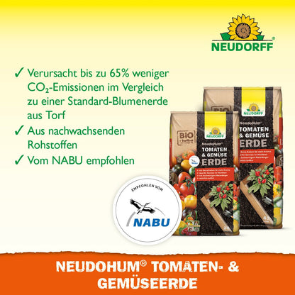 En nærbillede af NeudoHum Tomat- & Grøntsagsjord fra Neudorff Shop, det perfekte plantemedium til sommergrøntsager, der opfylder dine planters næringsbehov.