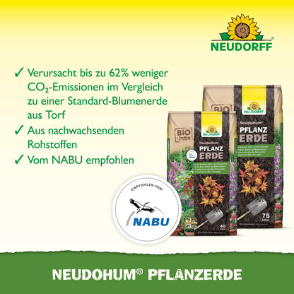To poser Neudorff Shop NeudoHum Plantjord er afbildet med symboler for CO2-reduktion, fornybare råmaterialer og NABU-anbefaling - ideel til buske og stauder - på gul og grøn baggrund.