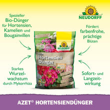 En pose Neudorff Shop Azet HortensienGødning står oprejst på en hvid baggrund med grønne og gule accenter og viser en tysk tekst om dets fordele for hortensiaer, kameliaer og bougainvilleaer i din have for en smuk blomstring.