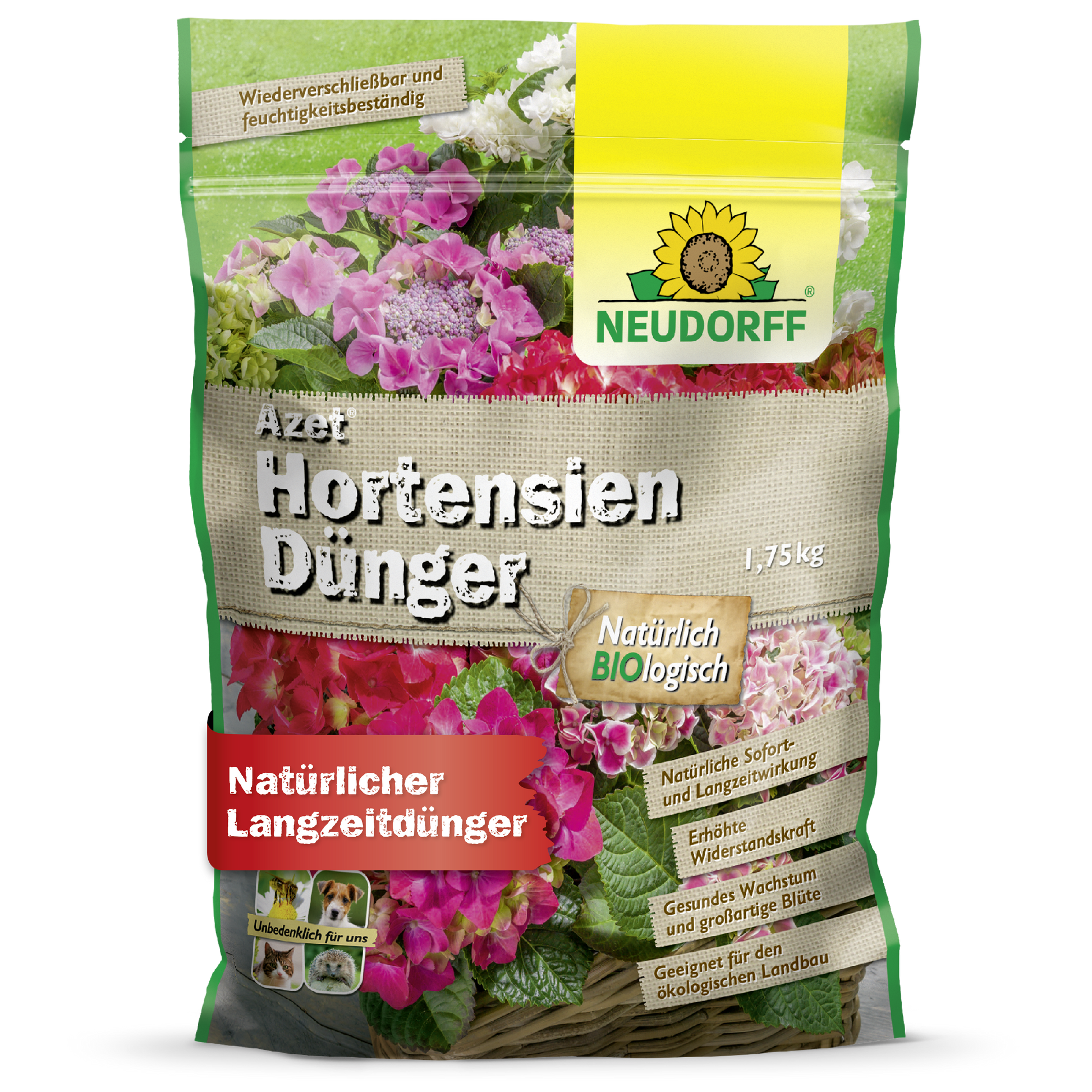 Ein 1,75-kg-Sack Neudorff Shop Azet HortensienDünger, ein natürlicher Dünger für Gartenhortensien, mit einer Verpackung mit rosa und weißen Blüten und deutschem Text.