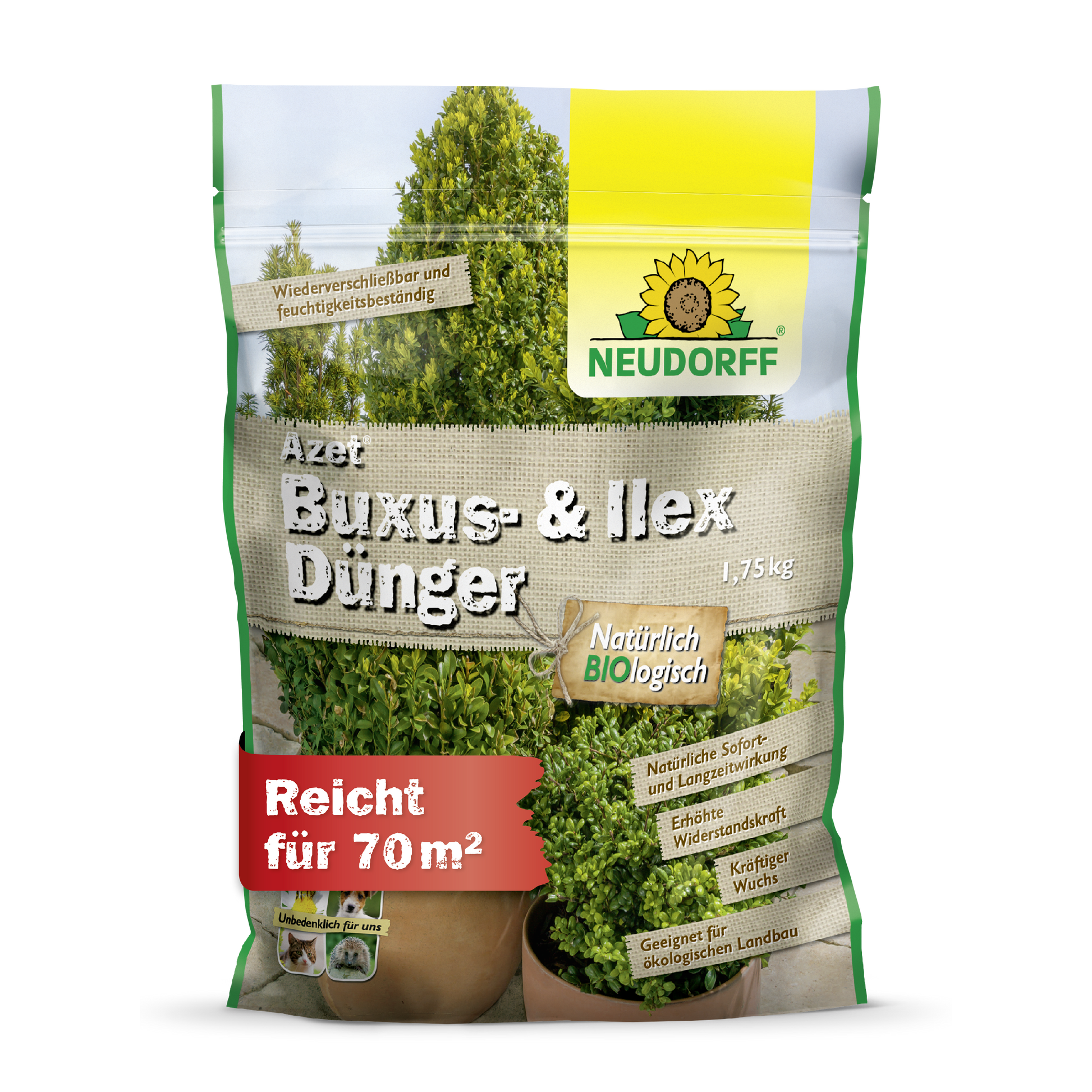 Ein 1,75-kg-Sack Neudorff Shop Azet Buxus- & IlexDünger steht aufrecht und zeigt auf der Verpackung grüne Buchsbäume und Ilexe, auf der Vorderseite sind Produktinformationen und 70 m² Reichweite aufgedruckt.
